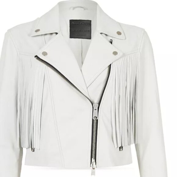 AllSaints Elora Tassel Leather Jacket White Sz 4-6 - Picture 4 of 12